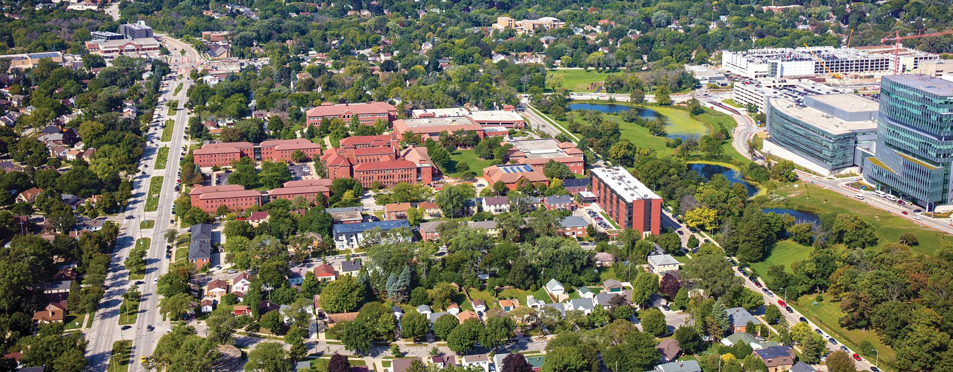 Aerial image of WLC campus and surrounding neighborhoods